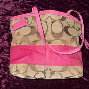 Coach Pink-Trim Signature Canvas Shoulder Bag